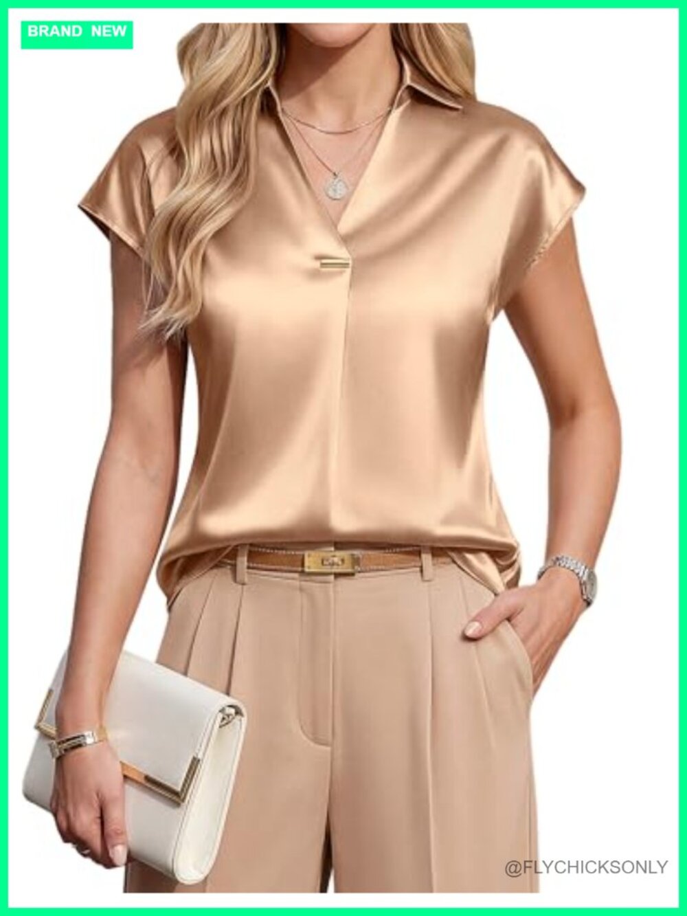 Women's Satin Business Casual Blouse Cap Short Sleeve V-Neck Top